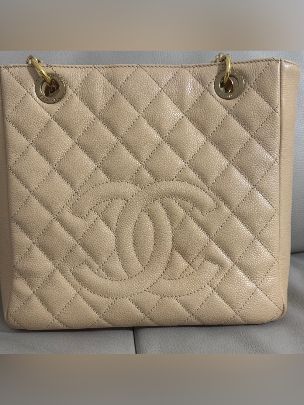 CHANEL Beige Quilted Caviar Leather Shoulder Bag with Gold Hardware